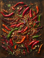 Poster - A variety of fresh and dried chili peppers are scattered on a rustic wooden surface, creating a vibrant and spicy scene. Generative AI
