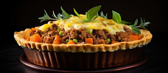 Fototapete - Delicious sweet potato pie filled with beef mince meat and assorted vegetables, presented on a table. with copy space image. Place for adding text or design