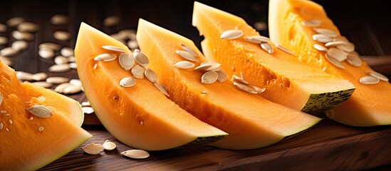 Aufkleber - Various slices of melon with seeds and skin displayed on a wooden countertop. with copy space image. Place for adding text or design