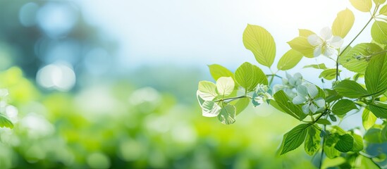 Aufkleber - A beautiful summer plant with lush green leaves and delicate white flowers, captured in a garden on a bright sunny day. with copy space image. Place for adding text or design