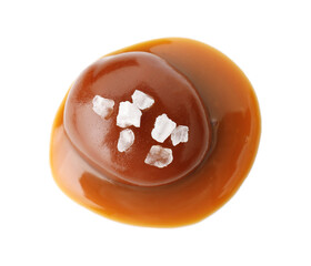 Wall Mural - Tasty candy, caramel sauce and salt isolated on white, top view