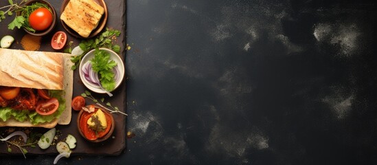 Aufkleber - A meal of sandwich and fresh vegetables arranged on a dark-colored table surface. with copy space image. Place for adding text or design
