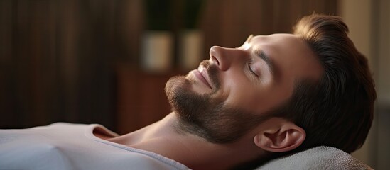 Aufkleber - Serene and relaxed man laying on couch enjoying facial massage or acupressure in a professional spa. with copy space image. Place for adding text or design