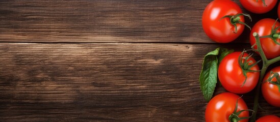 Leinwandbilder - Plum tomatoes displayed beautifully on a rustic wooden background, showcasing their vibrant colors and natural appeal. with copy space image. Place for adding text or design
