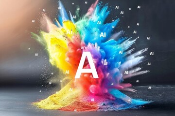 AI letters with colorful powder explosion, digital art, technology innovation, artificial intelligence, high tech visuals, cyber theme, modern design