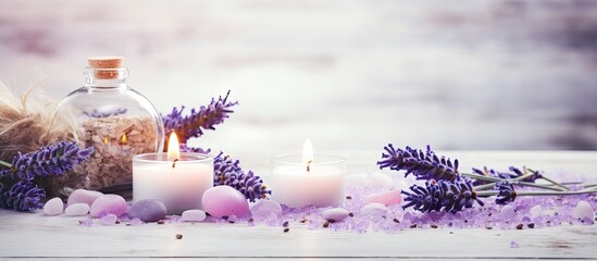 Aufkleber - A calming spa and wellness scene featuring fragrant lavender flowers displayed with flickering candles and soothing lavender crystals. with copy space image. Place for adding text or design