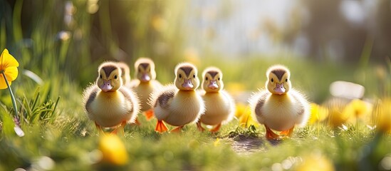 Aufkleber - Four cute ducklings stroll in a row through the lush green grass on a sunny day, displaying their adorable charm. with copy space image. Place for adding text or design