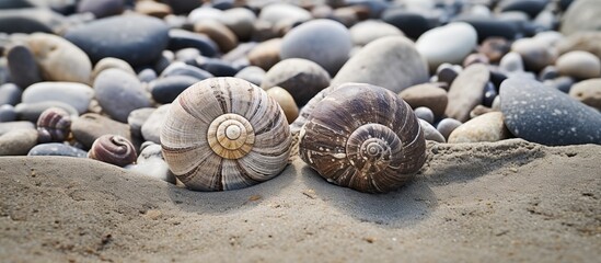 Poster - Spiral seashells of gastropod fossils found in rocky soil on a beach shoreline. with copy space image. Place for adding text or design