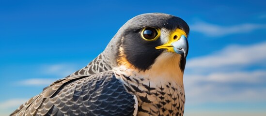Aufkleber - A unique giraffe bird featuring striking yellow eyes and black wings soaring elegantly in the clear blue sky. with copy space image. Place for adding text or design
