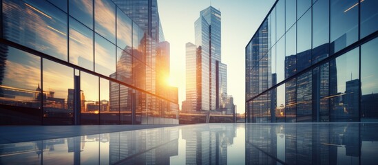 Poster - Urban landscape showcasing tall modern buildings reflecting the sun, representing progress and competitiveness in the business sector. with copy space image. Place for adding text or design