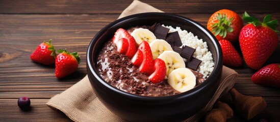 Leinwandbilder - Rich chocolate pudding in a bowl topped with fresh strawberries and decadent chocolate pieces. with copy space image. Place for adding text or design