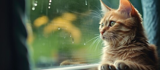 Poster - The cat is seen staring out of the window before settling to groom itself, demonstrating care and comfort within the home setting. with copy space image. Place for adding text or design