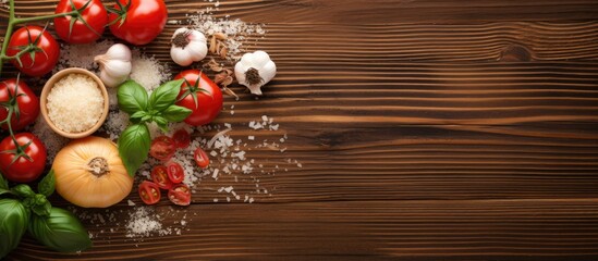 Leinwandbilder - Fresh tomatoes, garlic, and fragrant basil arranged on a wooden table. with copy space image. Place for adding text or design