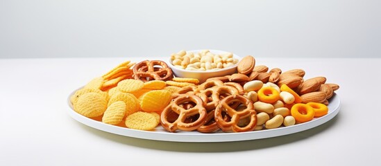Aufkleber - Assortment of savory snacks and nuts placed on a table. with copy space image. Place for adding text or design