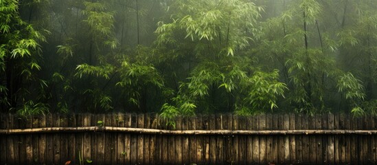 Poster - An aged bamboo fence seen post-rain, featuring a flourishing bamboo plant on top. with copy space image. Place for adding text or design