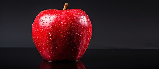 Poster - Red apple glistens with water droplets on a black backdrop. with copy space image. Place for adding text or design