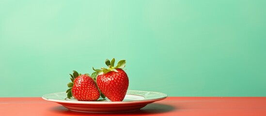 Wall Mural - Two ripe strawberries placed on a simple plate set on a wooden table with a vibrant green background. with copy space image. Place for adding text or design