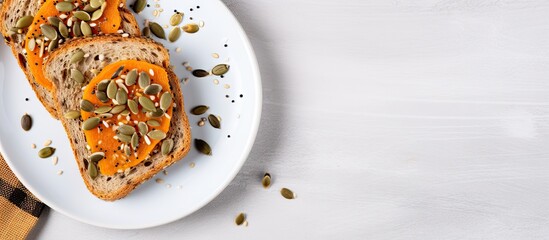 Aufkleber - Gluten-free bread slices topped with nutritious sunflower and flax seeds displayed on a modern gray plate. with copy space image. Place for adding text or design