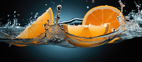 Aufkleber - Juicy orange slice submerged in a stream of clear water surrounded by bubbles and movement. with copy space image. Place for adding text or design
