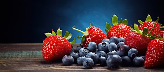 Poster - Close-up view of a variety of ripe strawberries and blueberries arranged on a wooden table. with copy space image. Place for adding text or design