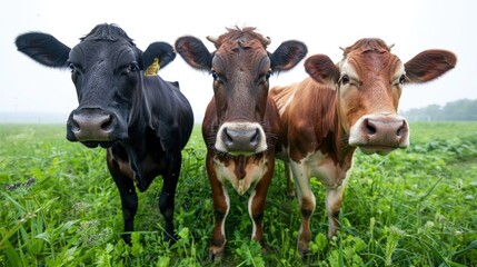 Three cows in the green field