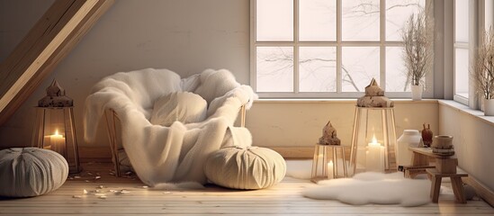 Fototapete - Cozy chair complemented by an array of pillows in a bright room designed with natural elements in Scandinavian style. with copy space image. Place for adding text or design