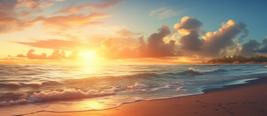 Wall Mural - Vibrant painting of sunset over the ocean with waves rolling in on the beach at sunrise. with copy space image. Place for adding text or design