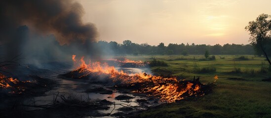 Poster - Truck moves near fire amidst burnt ground and smoke, featuring prominent tire. with copy space image. Place for adding text or design