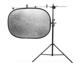 Stand with reflector isolated on white. Photo studio equipment