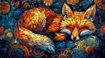 Wall Mural - A fox is sleeping in a field of flowers