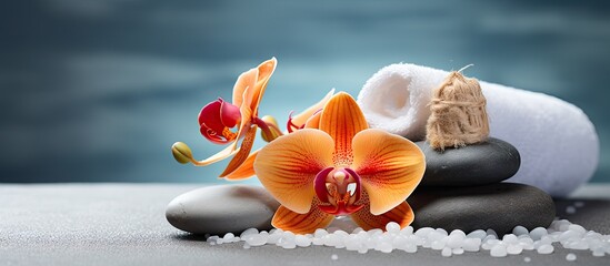 Aufkleber - A serene composition featuring a flower placed delicately on top of some rocks. with copy space image. Place for adding text or design