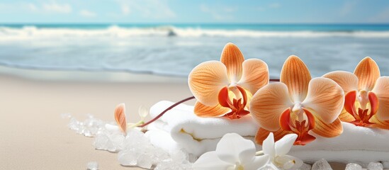 Poster - Orange orchid flowers placed on a beach towel, creating a spa composition with sea salt. with copy space image. Place for adding text or design