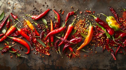 Poster - A close-up shot showcasing a vibrant assortment of fresh and dried chili peppers, arranged on a rustic wooden surface. The diverse colors and shapes create a captivating visual display. Generative AI