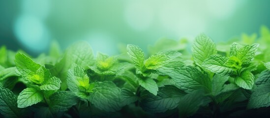 Aufkleber - Many vibrant green leaves are spread across the ground, illuminated by the bright sunlight. Mint leaves provide a green outdoor backdrop. with copy space image. Place for adding text or design