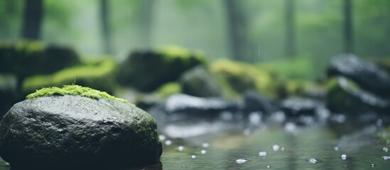 Poster - A close-up view of a rock covered in lush green moss sitting in a flowing stream. with copy space image. Place for adding text or design