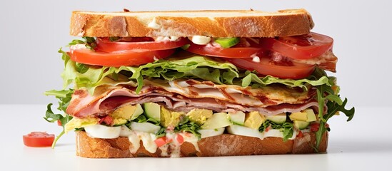 Poster - Close-up view of a tasty sandwich featuring lettuce, tomato, and ham. with copy space image. Place for adding text or design
