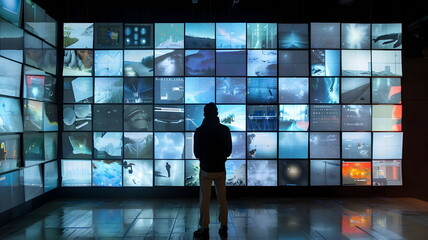 Man analyzing multiple screens displaying various images