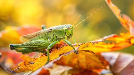 Poster - A green grasshopper sitting on autumn coloured leaf Grasshopper in nature : Generative AI