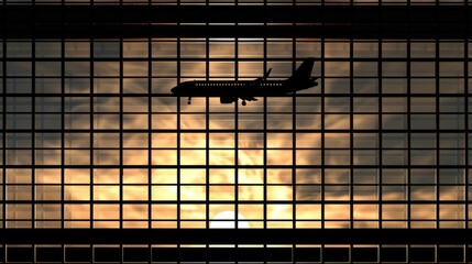 Wall Mural - Silhouette of an airplane flying over the airpor