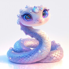 3D cute snake with blue eyes and a pink body. The snake is wearing a crown of crystals 2025