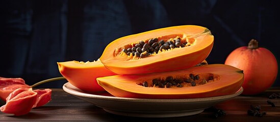 Fototapete - Arrangement of peeled papaya slices on a plate, showcasing seeds alongside a single pepper. with copy space image. Place for adding text or design