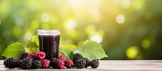 Leinwandbilder - Glass filled with fresh blackberry juice accompanied by ripe berries placed on a wooden table. with copy space image. Place for adding text or design