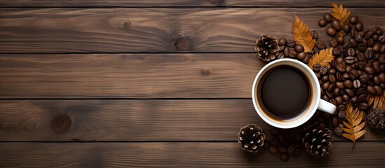 Aufkleber - Coffee cup filled with beans, surrounded by pine cones, on a rustic wooden table. with copy space image. Place for adding text or design