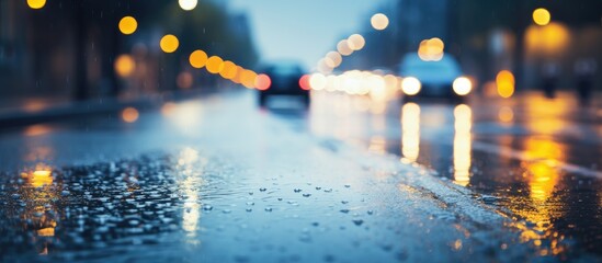 Poster - Rainy day in the city, cars' headlights approaching on wet road at the level of the dividing line in yellow-blue tones. with copy space image. Place for adding text or design