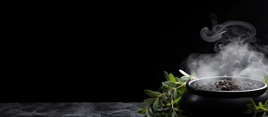 Fototapete - Close-up view of a bowl filled with steaming hot food, creating a tempting and appetizing sight. with copy space image. Place for adding text or design