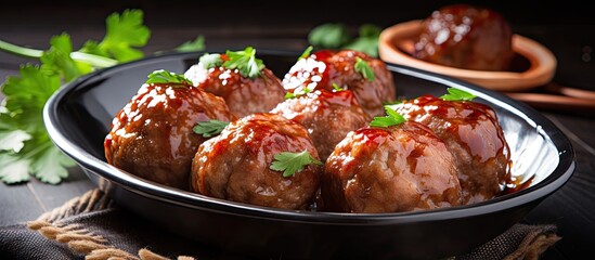 Leinwandbilder - Pork meatballs cooked in a flavorful sauce and garnished with fresh parsley, making a mouthwatering dish. with copy space image. Place for adding text or design
