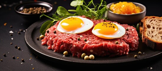 Wall Mural - Plate containing meat topped with two eggs, a classic beef steak tartare dish with egg yolk and condiments. with copy space image. Place for adding text or design
