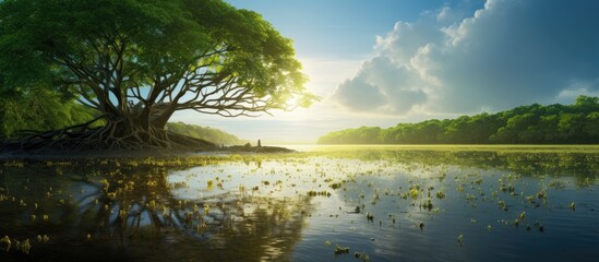 Poster - Captured is a majestic, large tree standing prominently in a verdant forest near a serene lake, emphasizing the importance of mangrove forest conservation for the future. with copy space image