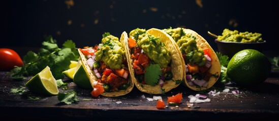Aufkleber - Mexican tacos filled with guacamole, tomatoes, onions, and cheese arranged on a rustic wooden table. with copy space image. Place for adding text or design