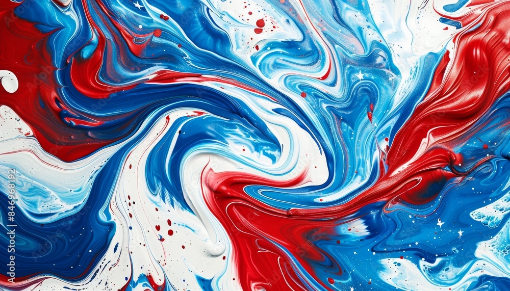 A vibrant abstract painting with dynamic swirls of red, blue, and white ...